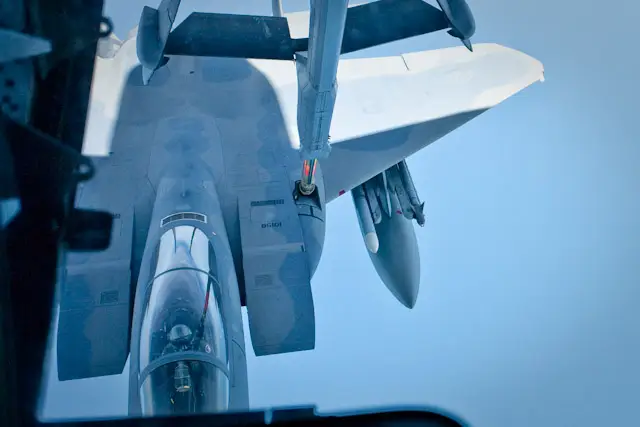 The F-15 connected to the refueling boom. Each fighter jet received approximately 2000 lbs of fuel (about 295 gallons), which only takes 15-20 minutes.